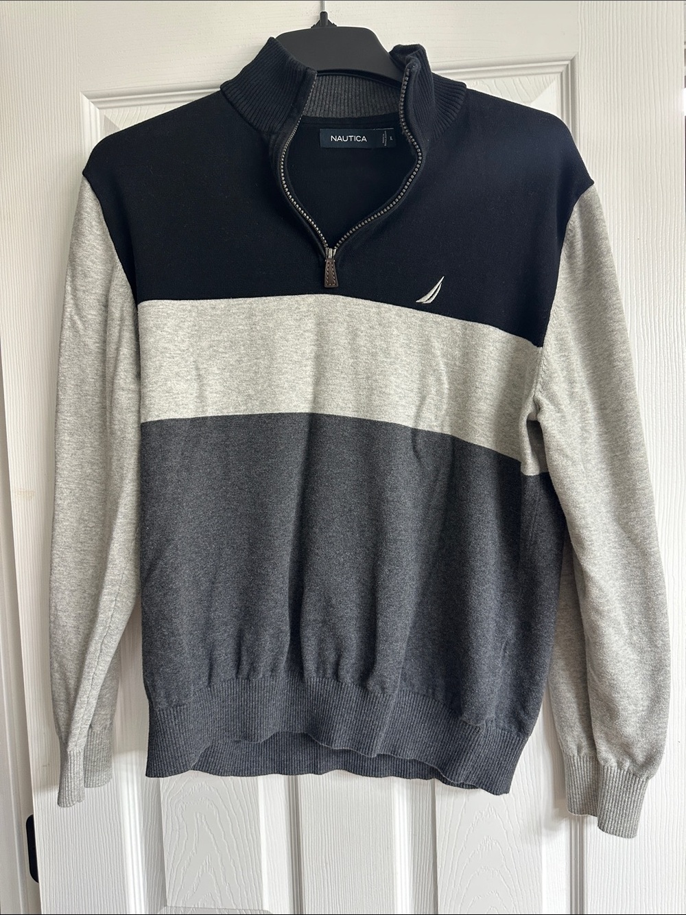 Nautica Men’s Black, Light Gray & Dark Gray Colorblock Zip Sweater